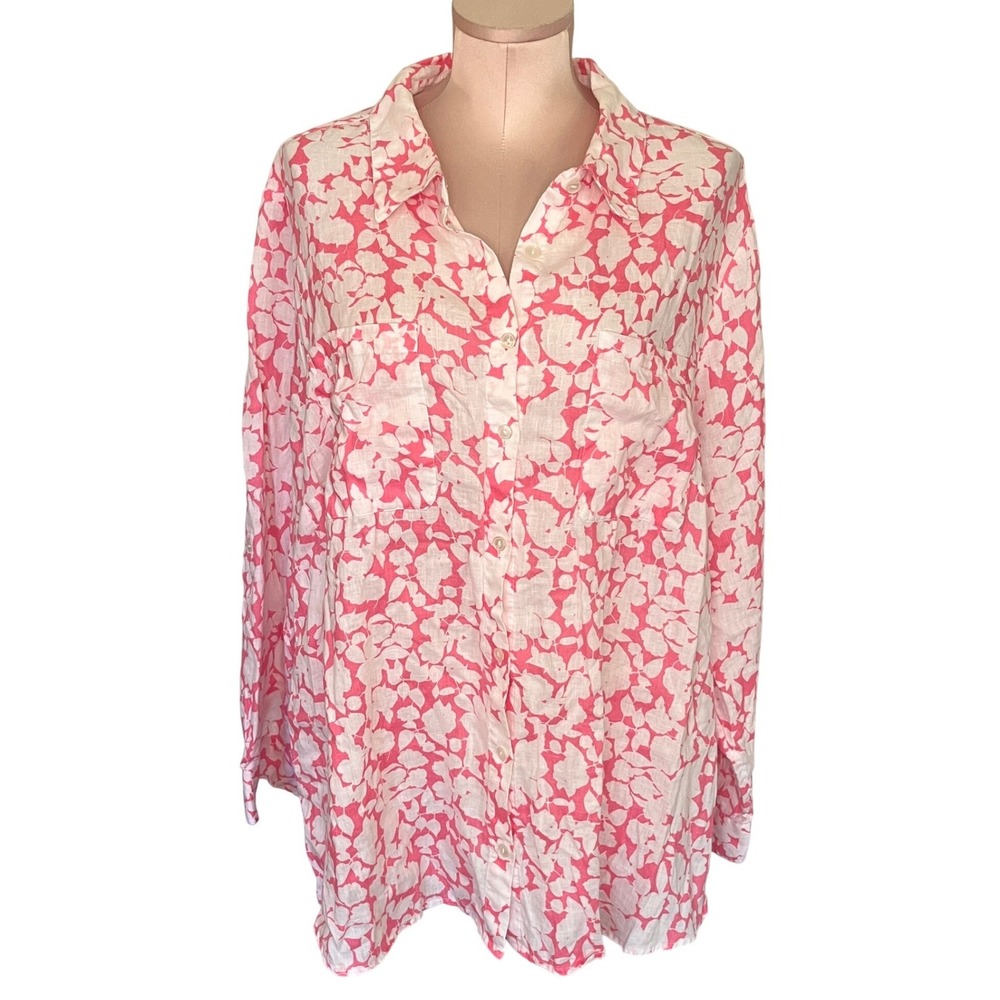 Charter Club Womens 3X Pink White Floral 100% Linen Button Down Long Sleeve Top
